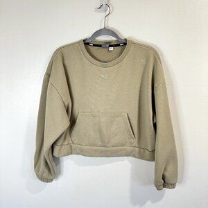 Puma Crop Sweatshirt Pullover Size Large L Pocket Tan Beige Fleece Lined
